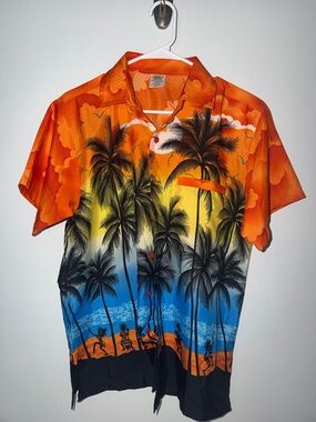 RIMA Unisex Button Up Hawaiian Tropical Beach Shirt Orange Blue